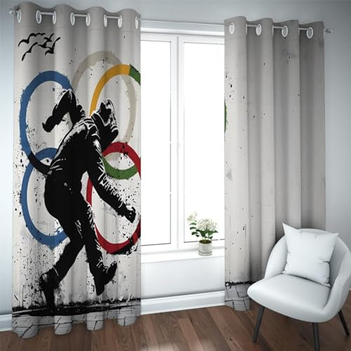 CHERHERART Street Art Graffiti Verdunkelungsvorhänge für Schlafzimmer 2 Paneele Banksy Style Bunte Ringe Print Kurze Vorhänge für Fenster Ösenvorhänge B117xH183