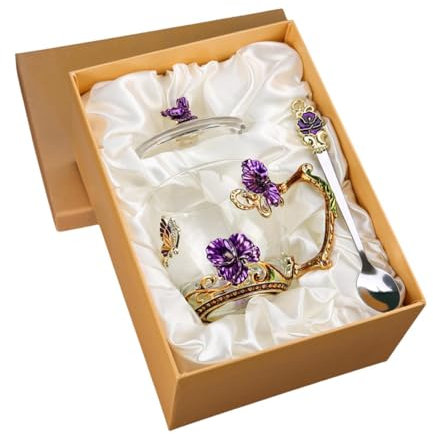 JISADER Glas-Emaille-Teetasse, Kaffeetasse, Weihnachten, einzigartiges Geschenk, Trinkbecher mit Deckel für Oma, Ehefrau, Frauen, Männer, Geburtstag, Hochzeit, violett