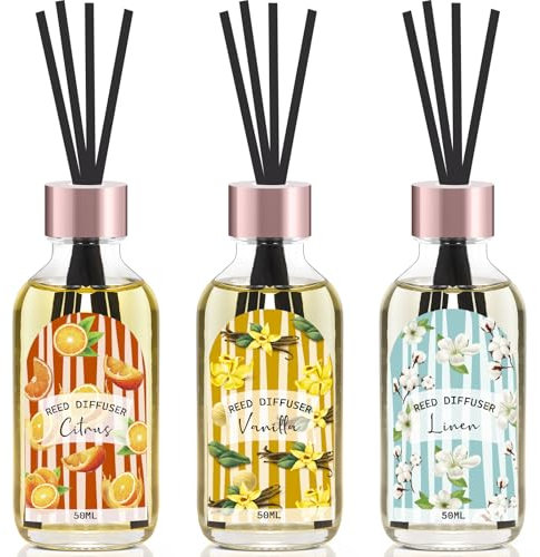 Reed Diffuser Set of 3 Pack, Linen Vanilla Citrus Scented Oil Diffuser with 15 Sticks, Reed Diffusers for Home, Bathroom Air Freshener, 1.7 Fl.oz Each, Total 5.1 Oz