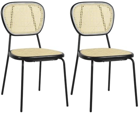 39F FURNITURE DREAM Set mit 2 skandinavischen Esszimmerstühlen aus natürlichem Rattan, Gestell aus schwarzem Metall, Faul, Natur, 45x51x84cm