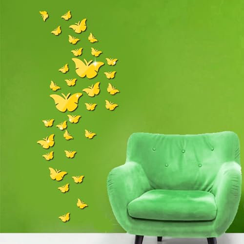 Spiegel Schmetterling Deko, 36pcs Acryl 3D Wandkunst Aufkleber Spiegel Aufkleber für Wohnzimmer Schlafzimmer Büro B Stil Nett (Gold)