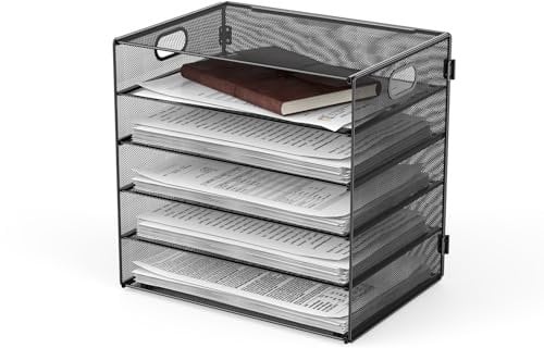 JOPOO 5 Tier Letter Filing Tray, A4 Paper Storage Organiser, Mesh Desk Magazine File Racks for Home Office Supplies, Black