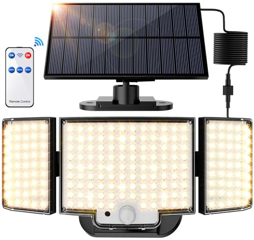 SIGRILL Luz Solar Exterior 212 LED, Focos Led Exterior Solares Sensor de Movimiento, 2200mAh Luces Solares IP65 Impermeable, Lampara Solar con Mando a Distancia (1 Paquete - Blanco Cálido)