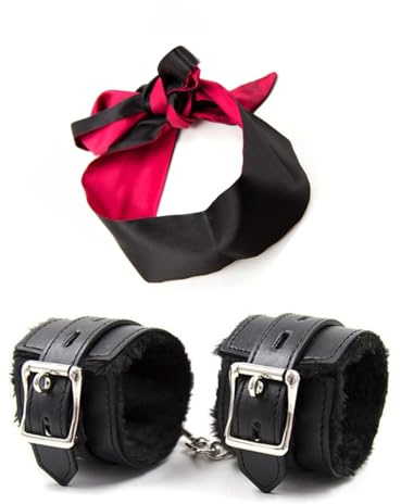 WOLFSDN Fluffy Handcuffs Satin Eye Mask Blindfold Kit - Fluffy Hand Cuff Set - Black Blindfold Satin Eye Mask - Adjustable Handcuffs Fluffy Bracelet - Eye Satin Mask