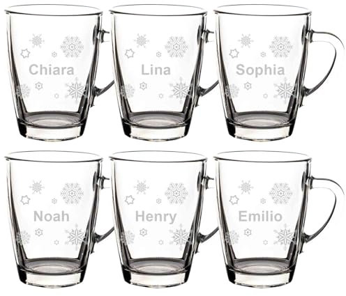 LUXENTU Glasbecher mit personalisierter Gravur, Kaffeebecher 300 ml, Klassischer Becher für Kaffee Tee und Glühwein, Individuelle Lasergravur, Set für Freunde & Familie, Motiv: Schneeflocken, 6 Stück