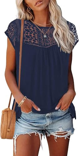 WNEEDU Womens Summer T Shirts Lace Tops Cap Short Sleeve Tshirt Crew Neck Casual Blouses Elegant 2025 New Navy Blue 2XL