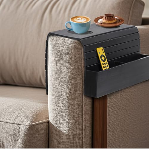 Jiayaus Sofatablett mit Getränkehalter &2 Coasters, Holz Sofa Tablett | Sofatablett Armlehne, Faltbar Couch Tablett, Getränke Snacks Fernbedienung Telefon Magazin