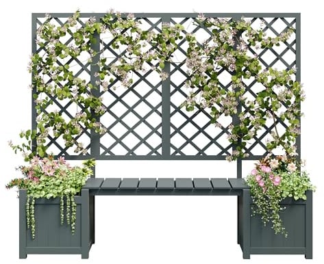 Macetero, macetero con enrejado como ayuda para enredaderas, con mucho espacio, jardinera de madera maciza, abeto con enrejado y asiento para jardín (gris)