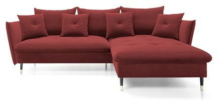 DomoHome Ecksofa Glam mit Schlaffunktion, Freistehend, Ottomane und Goldenen Füßen – Samtsofa im Glamour-Stil für Ihr Wohnzimmer, mit Zierkissen, 258x167x91cm, Rechte Seite Burgund