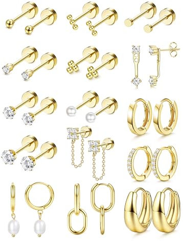 Chriscoco 15Paar Chirurgenstahl Ohrringe Set Piercing Ohr Gold Hypoallergene Medizinische Ohrstecker Damen Creolen Mit Anhänger Tragus Helix Piercings