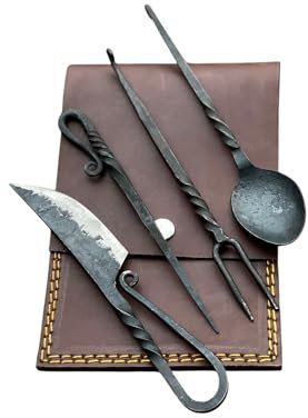 SHOHASS Hand Forged Medieval Cutlery Set, Kitchen Use Set Handmade Twisted Handle Knife Fork Spoon Set Medieval Finish with Leather Case
