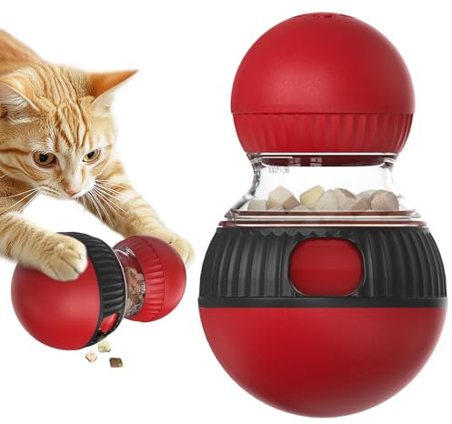 Starnearby Jouet Distributeur Croquettes Chat, Jouet Interactif Croquettes pour Chat, Balle Distributeur de Friandises pour Chats avec Son, Balle de Nourriture pour Animaux (Rouge)