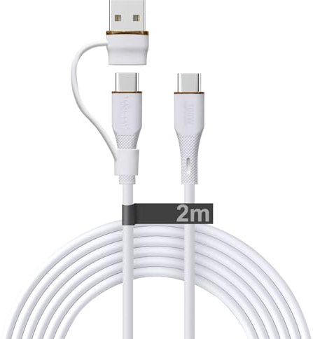 TECHGEAR 2M 2in1 100W USB A/C to USB C Soft SILICONE Charger Cable Fast Charging, Tangle Free, Compatible with MacBook Pro/Air, iPad A16/Air/Pro 2024, iPhone 17 16, Galaxy S25 S24 A17 A26, PS5, Switch