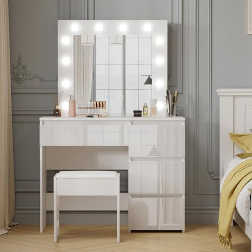 Schminktisch mit Spiegel und Hocker Weißer Schminktisch mit LED-Beleuchtung 4 Schubladen Hochglanz Make-up Schreibtisch Schlafzimmer Toilettentisch Ideal für Mädchen und Frauen Schlafzimmer Möbel