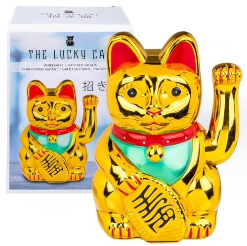 MIJOMA Winkekatze Maneki Neko Gold – 20 cm Glückskatze Dekoartikel aus Kunststoff mit beweglicher Pfote, asiatischer Glücksbringer für Geld, Erfolg & Wohlstand – batteriebetrieben