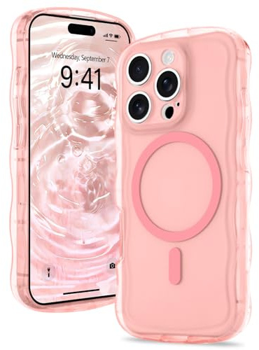 Urarssa for iPhone 16 Pro Case, Curly Wave Frame, Pink | Compatible with Magsafe, Cute Wavy Design Case for Women Girls, Translucent Matte Soft TPU Bumper Shockproof Cover