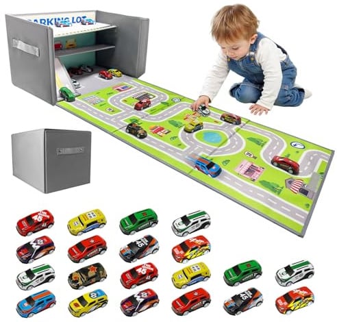Scatola Portaoggetti per Auto Giocattolo: Garage per Auto Giocattolo per Bambini - Garage per Pieghevole 3 in 1 per Bambini - Organizzatore per e Tappeto da Gioco (Gray)