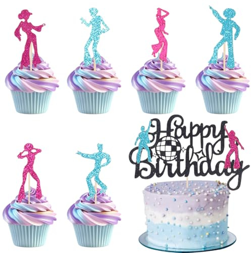 VGRDTW Disco Cake Decorations, Cake Toppers, Party Decorations, 25pcs Dancing Queen & Happy Birthday Disco Theme Cake Decor for Birthday Party Supplies