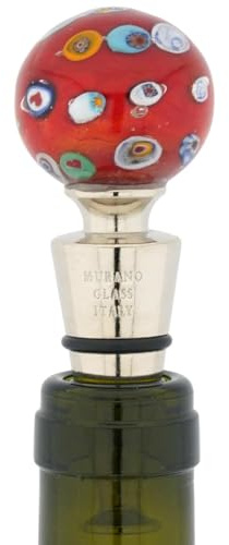 Glass Of Venice Murano Glass Bottle Stopper Red Multicolor Millefiori 1-1/4” Ball Shape For Wine Bottles Handmade Blown Glass Italian Wine Stopper Hostess Housewarming Gift Bar Decor With Gift Box