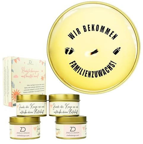 Kerzen Schwangerschaft Verkünden 4er Set - Geheime Nachricht durch Flamme - Geschenk Papa Oma Opa Pate - Zinello Design