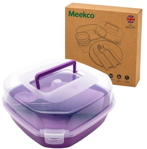 Meekco 20-Piece Camping Dinnerware Set with Insulated Bag, Purple | Reusable BPA-Free Plates and Cutlery with Storage Box and Insulated Bag, Microwave and Dishwasher Safe
