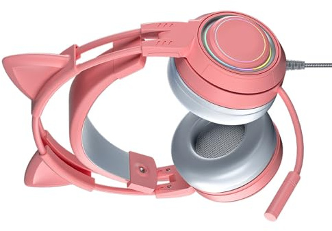 Cryfokt Mädchen-Kopfhörer mit Katzenohren, Kabelgebunden, Effektive Geräuschreduzierung, Gaming-Headset, Komplett Umwickelte Ohrmuscheln für PC (PINK)