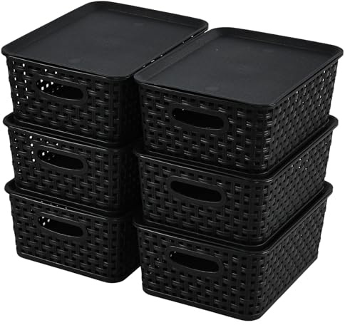 Nihenok 6-Pack Plastic Storage Basekts Bins Boxes Conatiners with Lids, Lidded Storage Baskets, Black