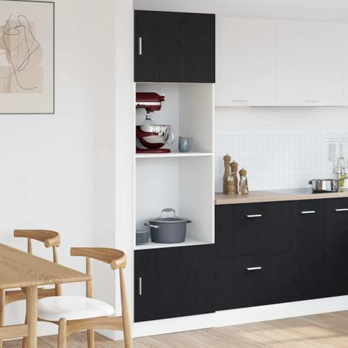 Armadio a microonde con ripiano in rovere nero, 60 x 57 x 207 cm, elegante armadio da cucina con finitura opaca e linee pulite, superficie durevole in legno resistente,