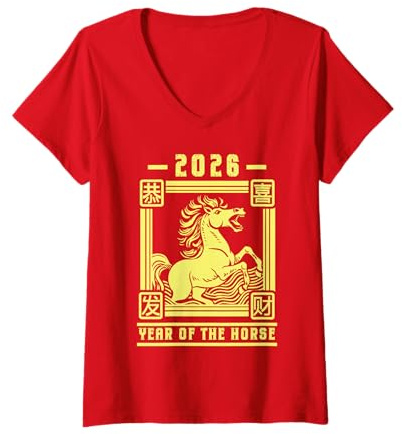 Femme 2026, année du Cheval, Nouvel an Chinois, Zodiaque Lunaire T-Shirt avec Col en V