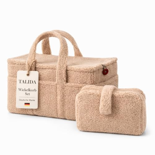 TALIDA Wickelkorb Teddy Set - Wickelorganizer mit Zubehörtasche – Aufbewahrungskorb für Feuchttücher und Babyartikel - Organizer für Wickeltisch und Windeltasche, Feuchtüchertasche (2, Sand)