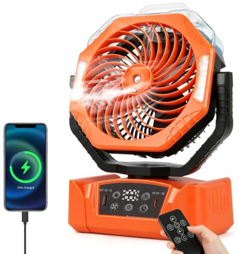 JONRRYIN Ventilador Camping 20000mAh, Ventilador Portátil Recargable con Nebulización y USB, 6 Modos de Luz, 6 Velocidades, Rotación 270°, para Tienda de Campaña, Exterior y Hogar