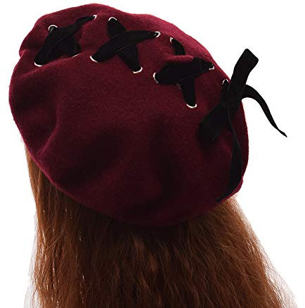 GRACEART Frauen Handarbeit Lolita Baskenmütze Gap Mit Band Bowknot (Weinrot)