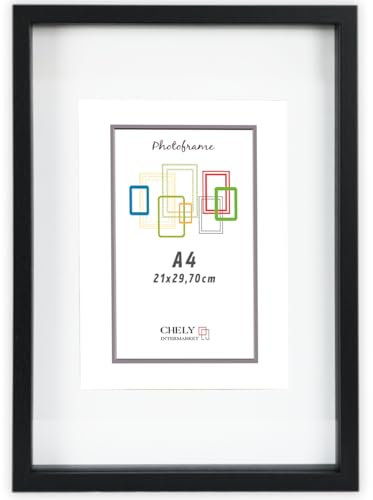 CHELY INTERMARKET MOD3503 Marco Profundidad Madera Haya A4 Interior 15x22cm Vidrio Paspartú Decorativo Cuadro Objetos Recuerdo Decoración Moderna Estilo Elegante 1 Unidad Negro