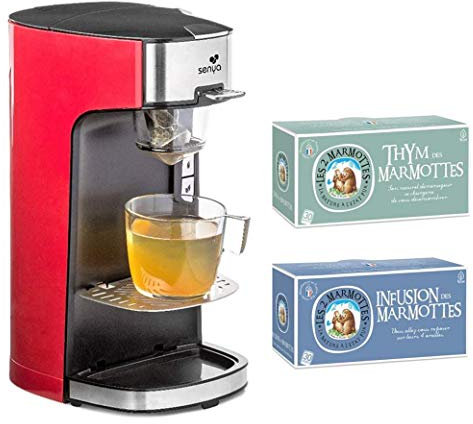 SENYA Machine à Thé Tea Time Théière électrique, Rouge 1415W et Lot de 2 boîtes 60 sachets-Les 2 (Thym + Infusion des Marmottes)
