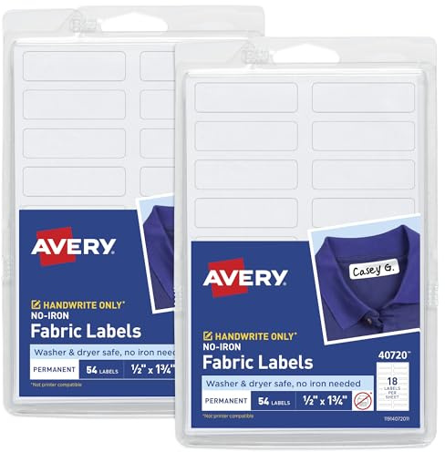 AVERY Stoffetiketten, bügelfrei, 1,3 x 4,4 cm, mattweiß, nur Handschrift, 2 Stück, insgesamt 108 Etiketten (32130)
