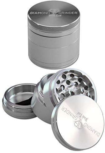 Black Leaf Aluminium-Grinder Diamond groß 4-teilig Ø 50 mm | hochwertiger Aluminium Crusher mit Pollenkammer | Premium Grinder Silber | inkl. Schaber