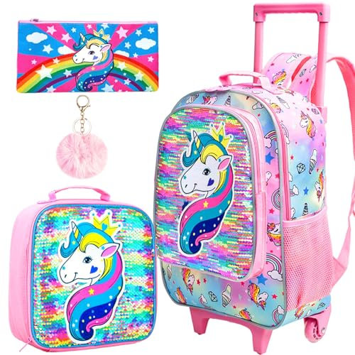 Rucksack mit Rollen für Mädchen, Einhorn-Büchertasche mit Lunchbox, Stiftebox, 4 Stück