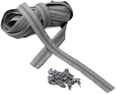 IPEA Cerniera Lampo misura 5# Catena Continua – 10 Metri – Cerniere al Metro in Nylon + 25 Cursori inclusi – Zip – Tagliabile per Cucito, 3 Colori a Scelta, Grigio, Larghezza 30 mm
