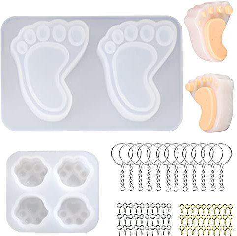 Woohome Stampi per Resina Silicone, 1 Pz Zampa di Gatto Stampo in Resina, 1 Paio Piedi Stampi in Resina, Perni con Viti ad Occhio, Portachiavi per Ciondolo, Artigianato in Resina Fai da Te
