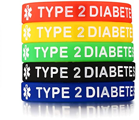 FLHEART 5 Pack Assorted Colors Silicone Rubber Type 2 Diabetes Medical Alert ID Wristband Emergency Bracelets for Mens Womens for Outdoor Sports,7.5 Inches,Waterproof