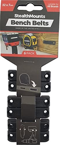 StealthMounts Bench Belt - Universal Werkzeughalter für Werkbänke | Werkzeug-Holster-Set 6er Pack | Perfekte Werkzeughalterung zur Aufbewahrung von Elektrowerkzeugen, Maßbändern, Gürtelclips | Schwarz