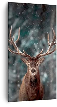 Bilder auf Leinwand 55x100cm Leinwandbild mit Rahmen Hirsch Hirsch Winter Groß Wanddeko Bild Schlafzimmer Küche Deko Wandbilder Dekoration Wohnzimmer Wall Canvas Wand Kunstdruck Art PA55x100-4998