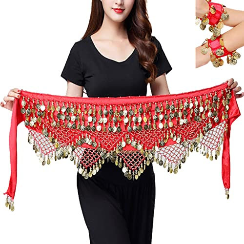 AWOCAN Bauchtanz-Hüftschals für Damen, Chiffon, baumelnd, Bauchtanz, Hüftschal, Wickelrock, Bauchtanz, Taillengürtel mit Münzquaste, 3 Stück, rot, Einheitsgröße