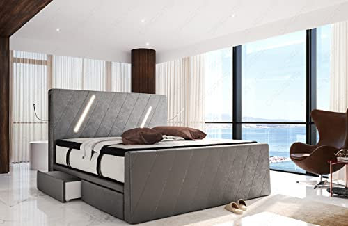 Sofa Dreams Boxspringbett Toulon Samt Sun Velvet Polsterbett mit Samtbezug Stauraum LED Licht Hotelmatratze (200 x 220 cm, Warmgrau-sv1024)