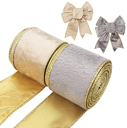 Lot de 2 rouleaux de rubans de Noël en velours doré et argenté avec bordure dorée, rubans en velours pour emballage de Noël, travaux manuels, décoration de festival de Noël