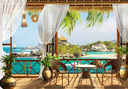 wandmotiv24 Fototapete Tropical Meer-blick Balkon, 400 x 280 cm - selbstklebende Vliestapete 150g, Wanddeko, Wandbild, Wandtapete, Palmen,Strand, Bambus M1231
