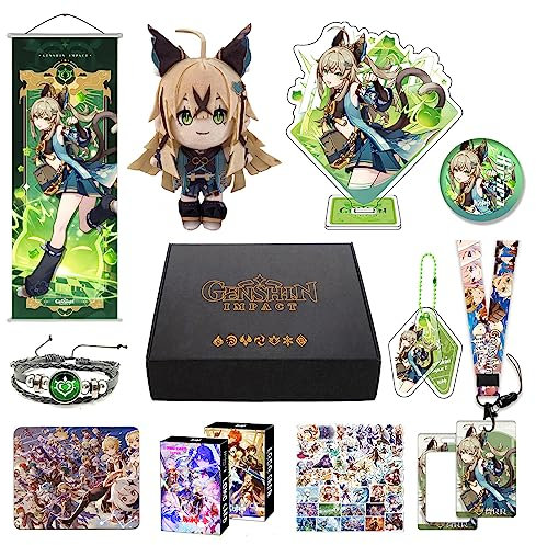 HALOOP Genshin Impact Box Geschenkbox Merch Set mit 11 Geschenken, Cyno Xiao All 5 Stars Characters Plush Poster Acrylic Stand Aufkleber Set, Sammlung für Traveller Fans