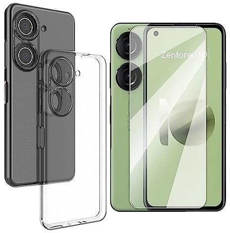 KNOXS Hülle für Asus Zenfone 10 mit 1 Stück Gehärtetem Glas Schutzfolie, Slim Weiches Tup Stoßfest Handyhülle, Nie Vergilbung(Crystal Clear) Kompatibel mit Asus Zenfone 10 Hülle (Transparent)