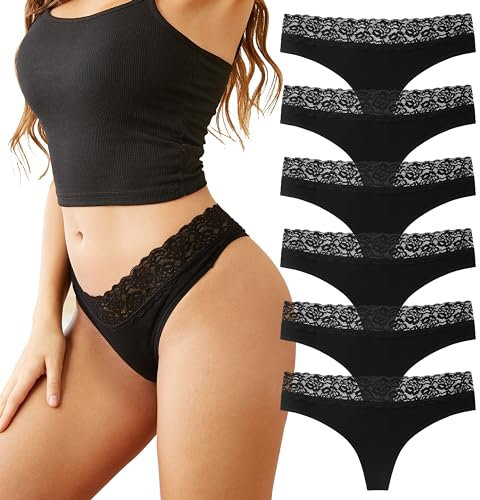 INNERSY String Femme Sexy Chic Tanga Dentelle Noir Taille Basse sous Vetement Coton Doux Lot de 6 (M, 6 Noir)