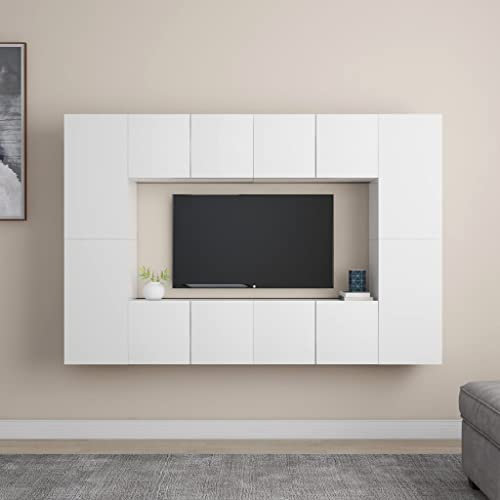 puraday 8-TLG. TV-Schrank-Set Weiß Holzwerkstoff Wohnwand Wohnzimmer TV Schrank Holz Wohnwand Hängend Wohnwand Modern Wohnzimmermöbel Mit Reichlich Stauraum Attraktives Design